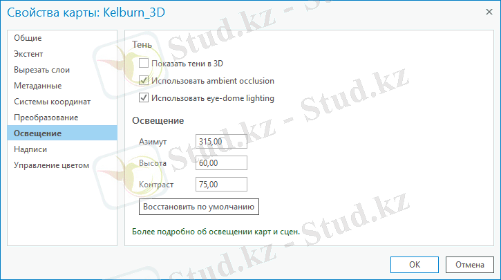 Қойындысы Жарықтандыру тілқатысу терезесінде картаның ерекшелігі.