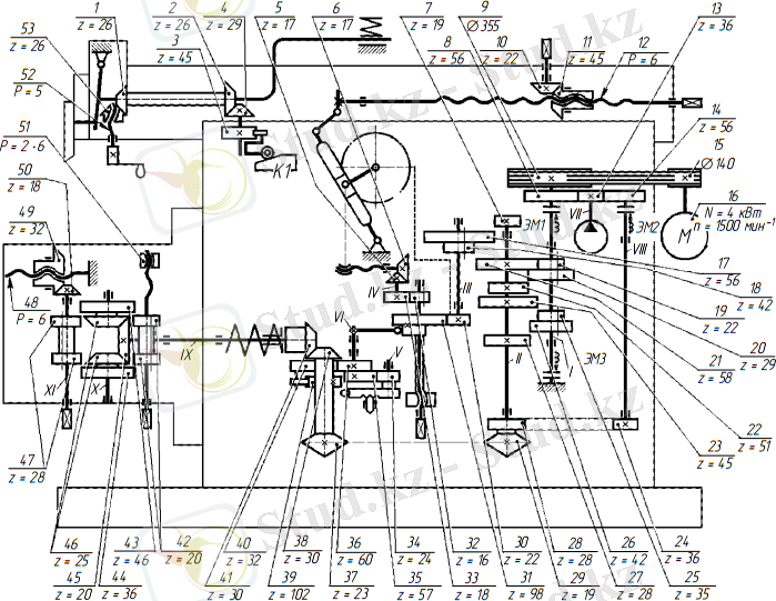 Кинематическая схема поперечно-строгального станка модели 7307ТД