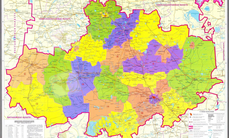 карта акмолинской области с районами, дорогами и населенными пунктами