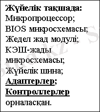 Подпись: Жүйелік тақшада: Микропроцессор; BIOS микросхемасы; Жедел жад модулі; КЭШ-жады микросхемасы; Жүйелік шина; Адаптерлер; Контроллерлер орналасқан. 