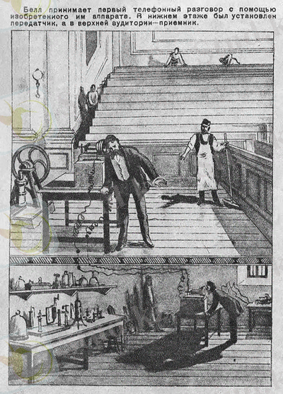 Белл принимает первый телефонный разговор с помощью изобретённого им аппарата. В нижнем этаже был установлен передатчик, а в верхней аудитории - приёмник.